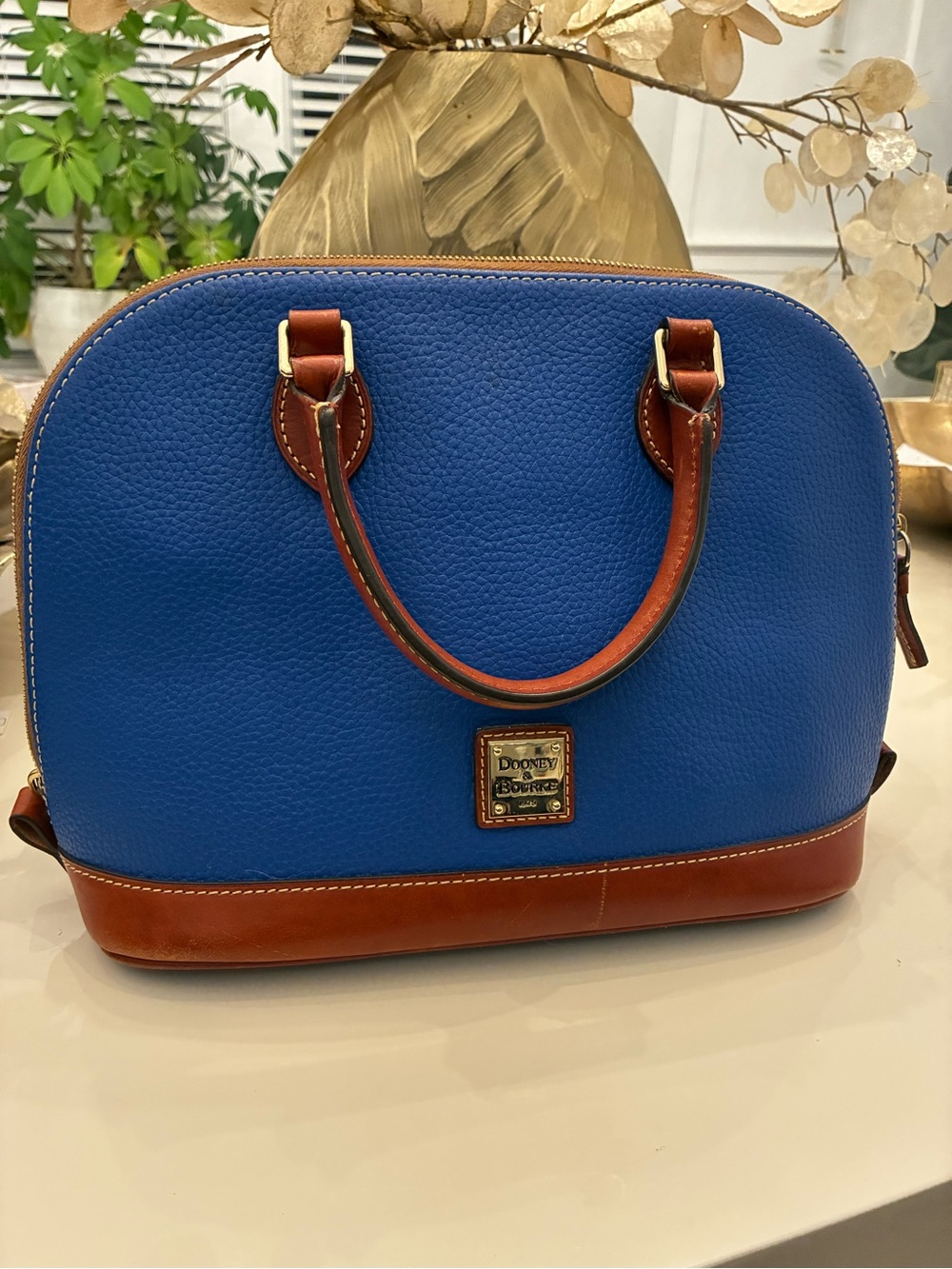 Dooney & Bourke Blue Leather Dome Satchel with Brown Trim